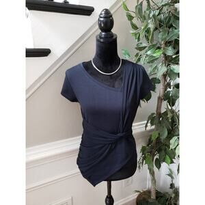 Labwork Faux Wrap Ruched Women's S-P Blue Polyester Short Sleeves Tie Waist Top
